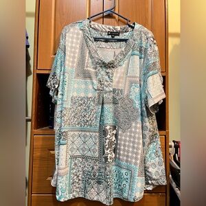 Chic Patchwork Women's Blouse in Blue and Gray